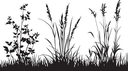 A black silhouette vector illustration of a floral grass pattern featuring nature elements like leaves, wheat, and reed branches designed for spring and summer flora art decoration