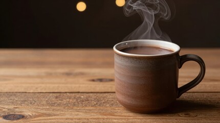 Steam rising from a hot beverage in a simple cup on a wooden table Generative AI