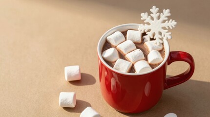 Warm drink with marshmallows in red mug on brown surface at winter Generative AI