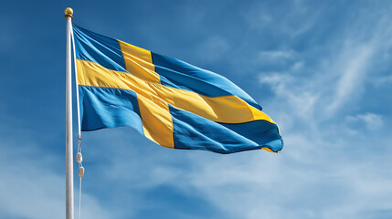 Swedish national flag waving in the wind against blue sky – symbol of Sweden, Scandinavian identity, travel and international relations