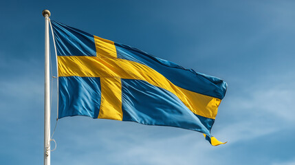Sweden ، Swedish National Flag Waving in the Wind Against Clear Blue Sky, Symbol of Democracy, Stability, Innovation and Scandinavian Identity