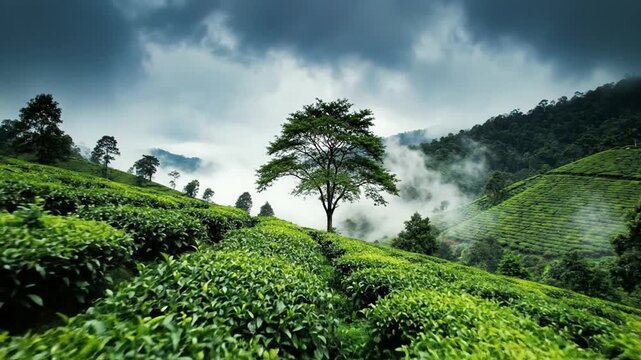 Green Tea Plantation on a Hillside Under a Cloudy Sky with Foggy Valley Background and a Solitary Tree in Munnar