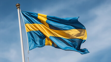 Swedish national flag waving in the wind against blue sky – symbol of Sweden, Scandinavian identity, travel and international relations