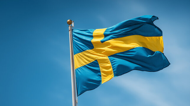Swedish national flag waving in the wind against blue sky &ndash; symbol of Sweden, Scandinavian identity, travel and international relations