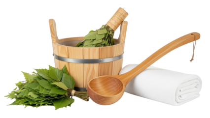 Traditional sauna accessories with wooden bucket and ladle