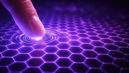 Quantum security enhanced by lattice grid structures and geometry creates futuristic interface with glowing fingertip interaction