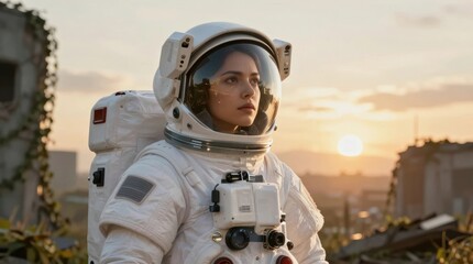 Astronaut stands in an overgrown landscape during sunset Generative AI