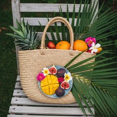 A woven straw bag filled with tropical fruits like pineapple, mango, oranges, and figs, decorated with flowers and palm leaves
