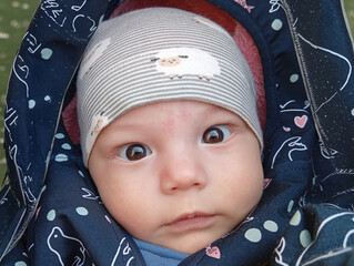 A baby sits in a stroller, wearing a hat with a sheep design. The baby looks directly at the camera with wide eyes. It is daytime and the baby is outdoors