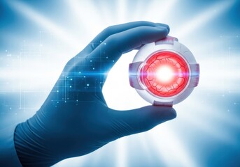 Closeup of a gloved hand holding a futuristic glowing device with intricate circuitry and a bright red light