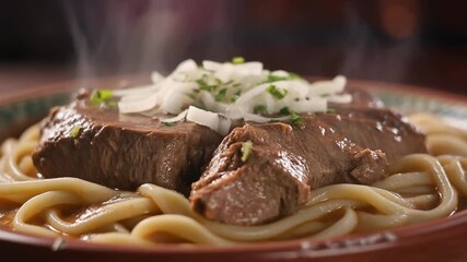 Beshbarmak or naryn traditional central asian dish featuring stewed meat thick noodles (kespe) and fresh sliced onion garnish served steaming hot in a rustic bowl.