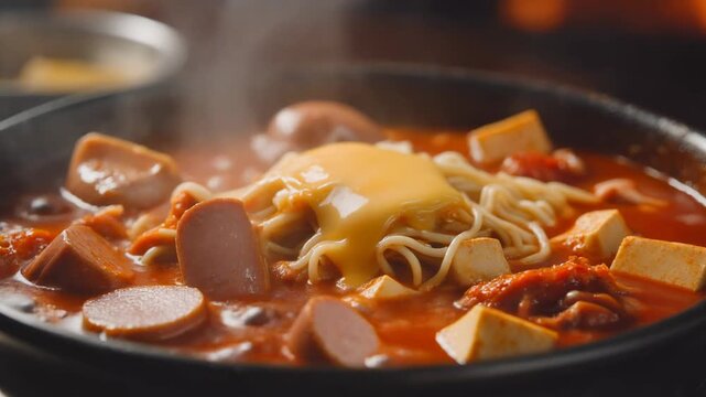 Delicious korean budae jjigae (army stew) simmering in a hot pot with ramen noodles sliced sausage tofu and melted cheese steaming closeup view.