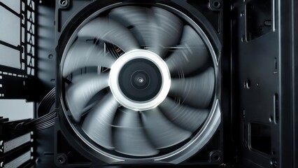 Close-up of a spinning computer fan inside a desktop PC case, providing essential cooling for components.