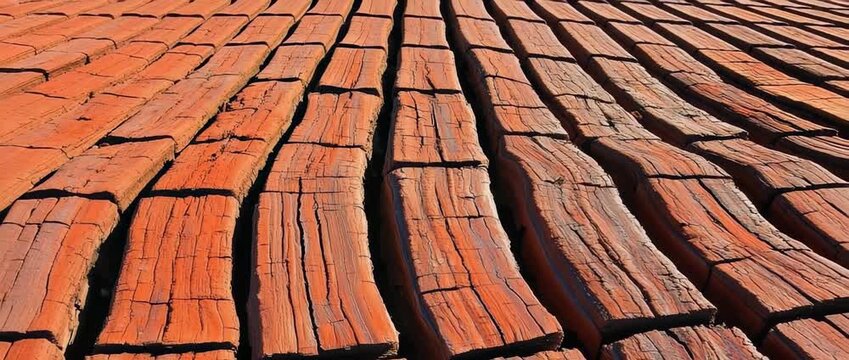 Close up view of weathered cracked and vibrantly colored orange red wooden railway sleepers