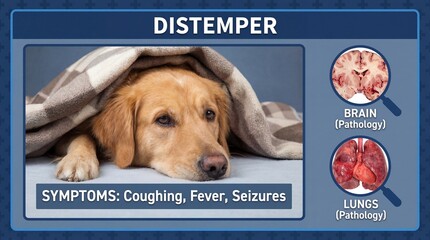 Distemper symptoms in dogs with brain and lung pathology images with sick and veterinary and medicine and animal disease and canine distemper