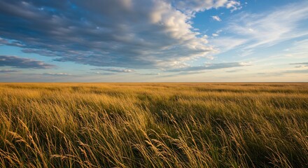 風になびきどこまでも続く黄金色の草原が夕暮れの温かい光にきらめき輝く壮大な景色澄み切った青空には様々な形の雲が悠々と流れる自然の美しさ. AI Generated