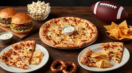 Gathering for a game with pizza, burgers, snacks, and drinks on a wooden table Generative AI