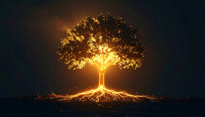 Glowing Tree of Life with Fiery Roots Ignites the Imagination on a Dark Background