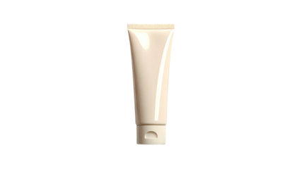 A tall, beige squeeze tube with a cap, against a stark black background. Simple, minimalist design
