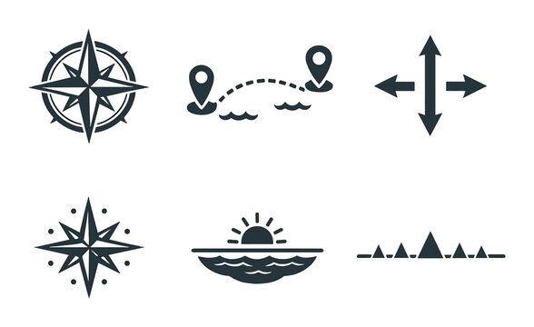 Abstract navigation symbols: compass, locations, directions, and sunset silhouettes