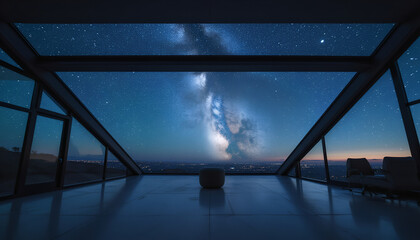 Panoramic modern room with Milky Way and distant city lights