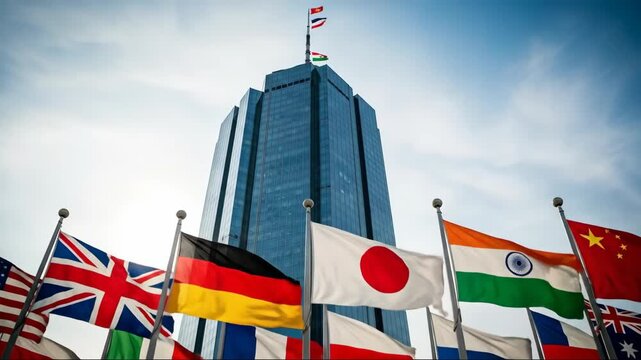 International flags waving in front of modern skyscraper on windy day