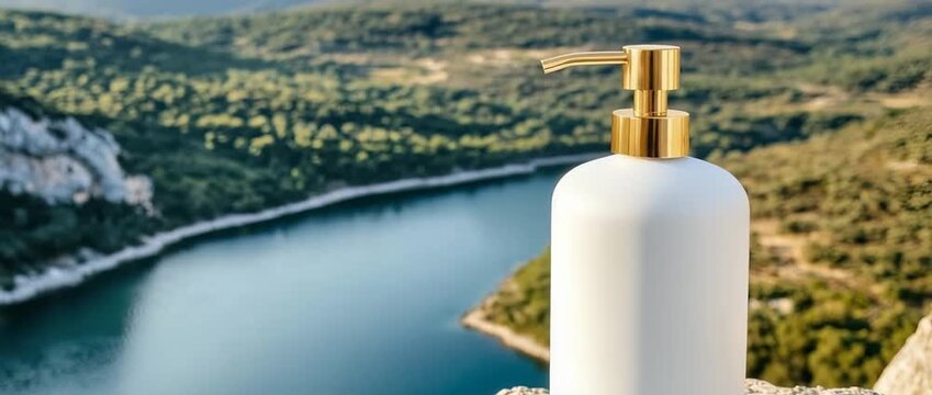 White pump dispenser bottle with gold cap resting on rough rock overlooking lush green valley and river