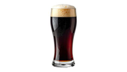 A tall glass of dark beer with a creamy foam head, against a stark black background