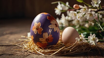 Obraz premium Close-up of a beautifully decorated traditional Easter egg over a rustic wooden table