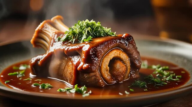 Richly braised meat shank with savory gravy and fresh herbs steaming hot on a plate