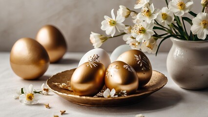 Luxury Easter composition, golden Easter eggs and white flowers