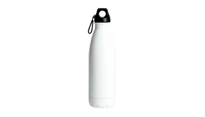 A tall, white, insulated stainless steel water bottle with a black cap, against a black background