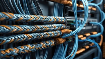 Close-up of intricate blue and orange braided cables in a server rack, highlighting network infrastructure.