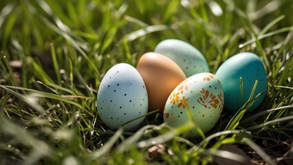 Natural Easter theme. Easter eggs on green grass.