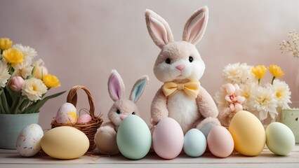 Easter celebration for kids, soft pastel colors, plush Easter bunny and eggs