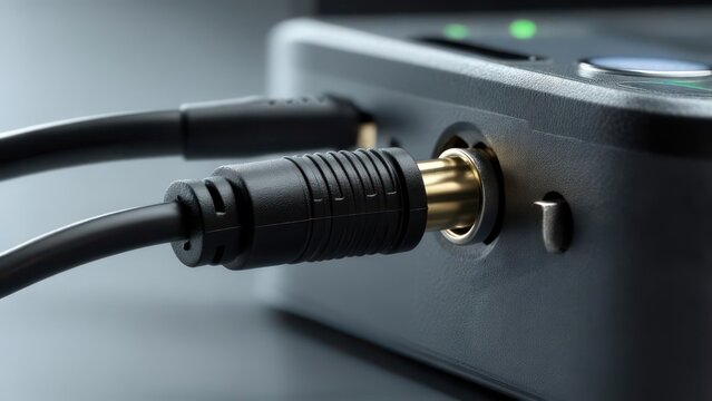 Close-up of an RCA cable connected to an audio device, highlighting the connection point.