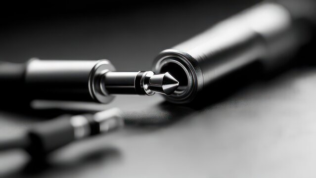 Close-up of two audio jack connectors, one male and one female, in black and white.