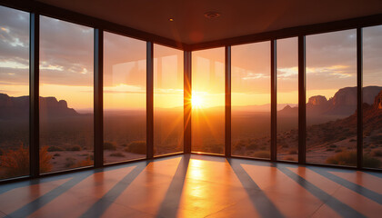 Modern room with floor-to-ceiling windows overlooking desert sunset