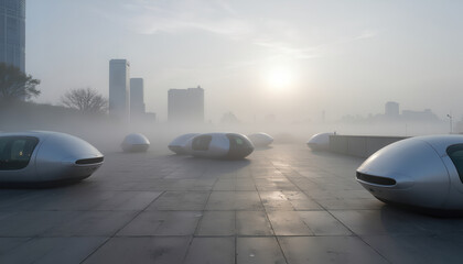 Sleek autonomous pods on a foggy urban plaza at dawn