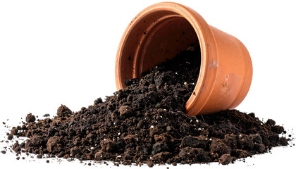 A terracotta pot lies overturned, spilling dark rich soil onto the black background