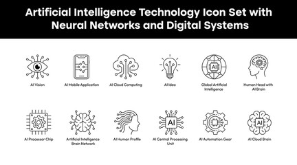 Artificial Intelligence Technology Icon Set with Neural Networks and Digital Systems