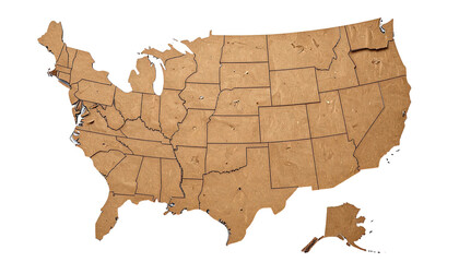 A textured, three-dimensional representation of the United States, showing state boundaries