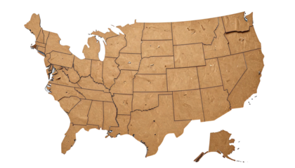A textured, three-dimensional representation of the United States, showing state boundaries
