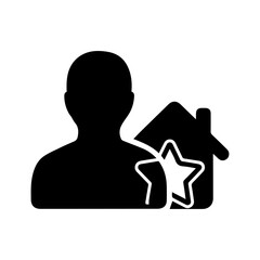 Vector illustration of a black silhouette business person standing by a home icon on a white profile background