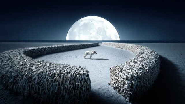 Surreal scene with wolf in a circular structure of bones, bright moon in the background