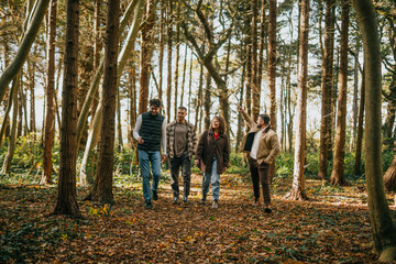 A group of people are walking through a forest, enjoying the outdoors and each other's company. Scene is peaceful and relaxing, as the group takes in the beauty of nature around them