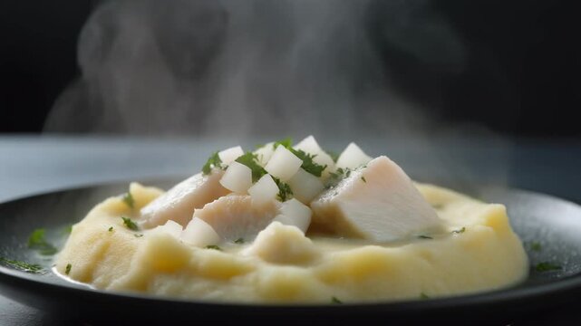 Gourmet steamed white fish or chicken on creamy mashed potatoes with sauce and garnish served hot on a black plate with visible rising steam against a dark background.