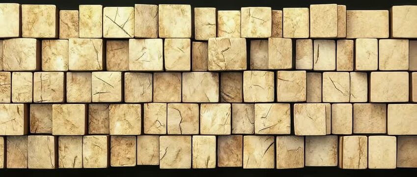 Wall texture composed of rough cracked light brown wooden blocks stacked tightly together