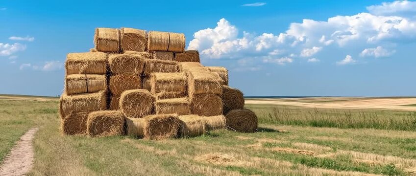 A tall stack of round hay bales rests beside a narrow dirt path in a sunny open field