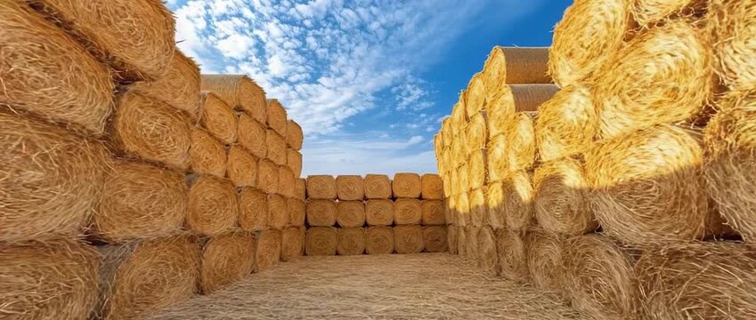 Large stacks of golden round hay bales forming a narrow corridor under a bright blue sky